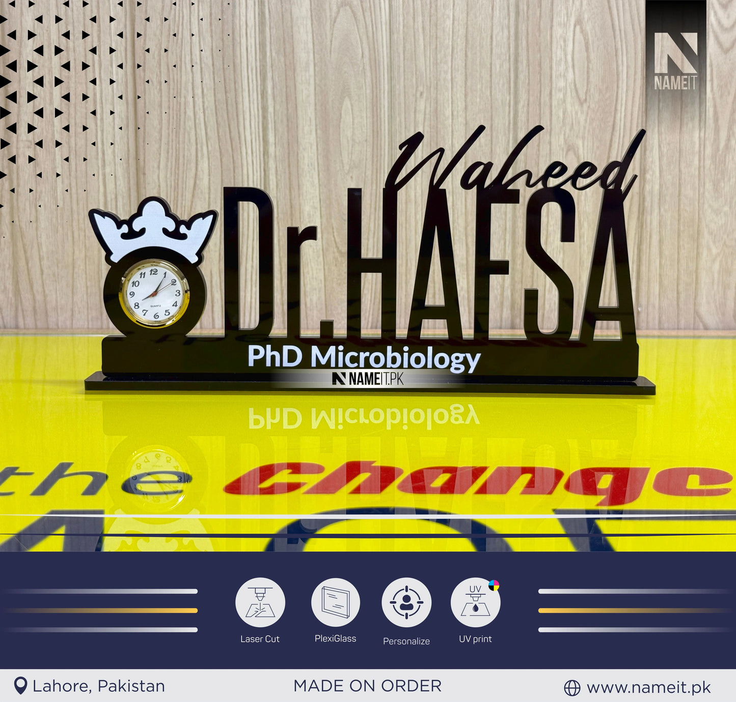 Table Name Plate, Custom Black Acrylic Desk Name Plate with Clock – Personalized Office Table Name Sign – Elegant Desk Nameplate for Professionals"