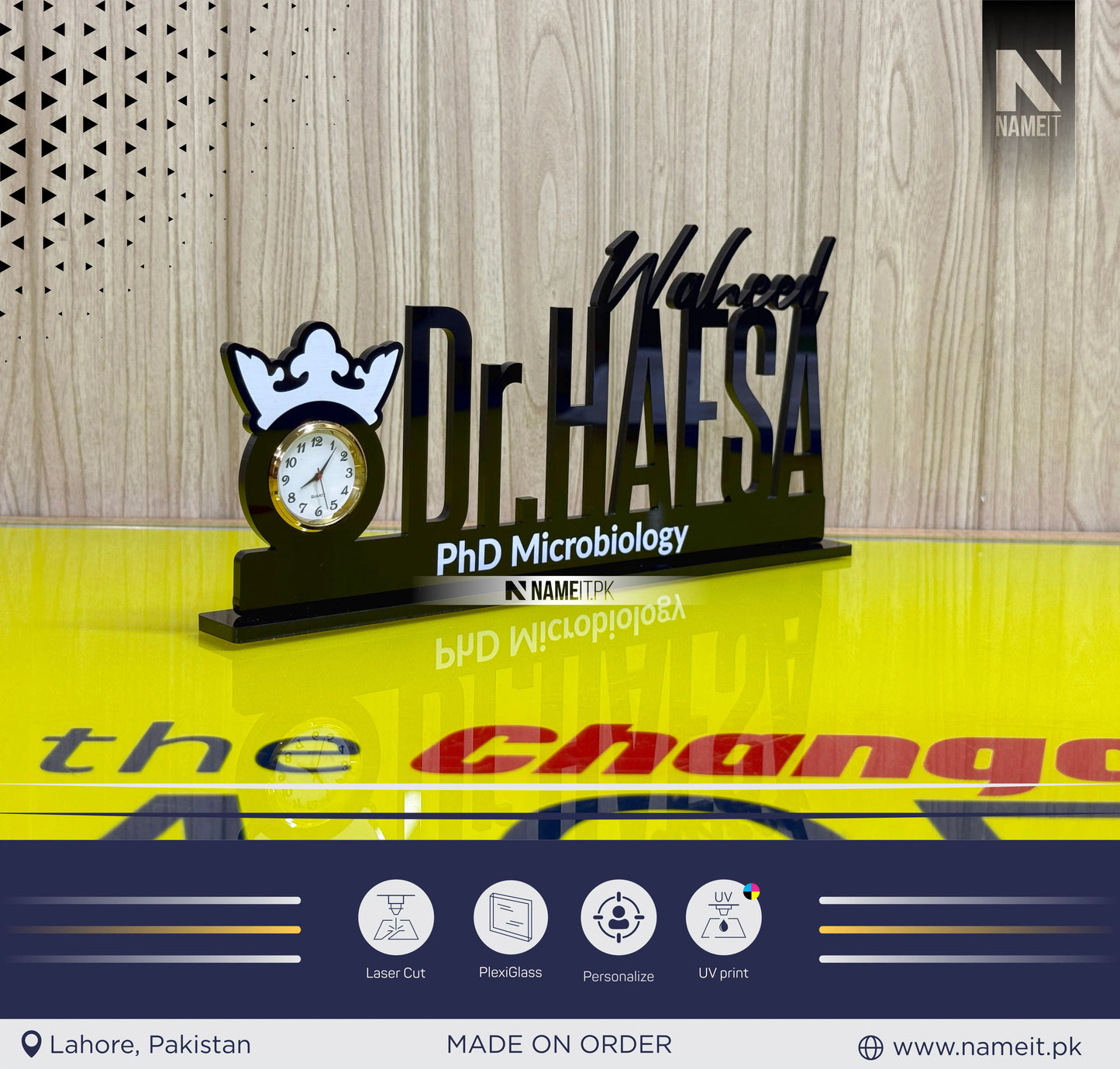 Table Name Plate, Custom Black Acrylic Desk Name Plate with Clock – Personalized Office Table Name Sign – Elegant Desk Nameplate for Professionals"