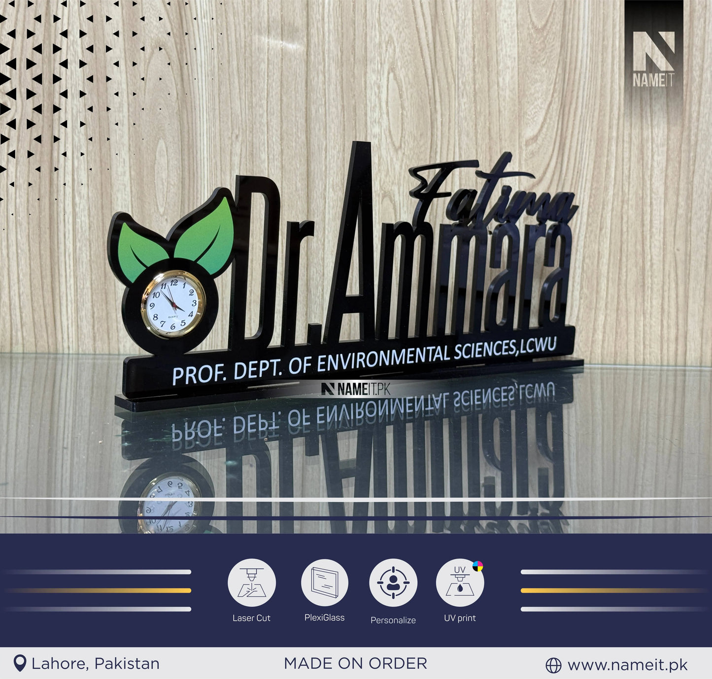 Table Name Plate, Custom Black Acrylic Desk Name Plate with Clock – Doctor Desk Name Plate, Nurse Office Decor Gift, Custom Black Acrylic Sign with Leaves, Medical Office Decor