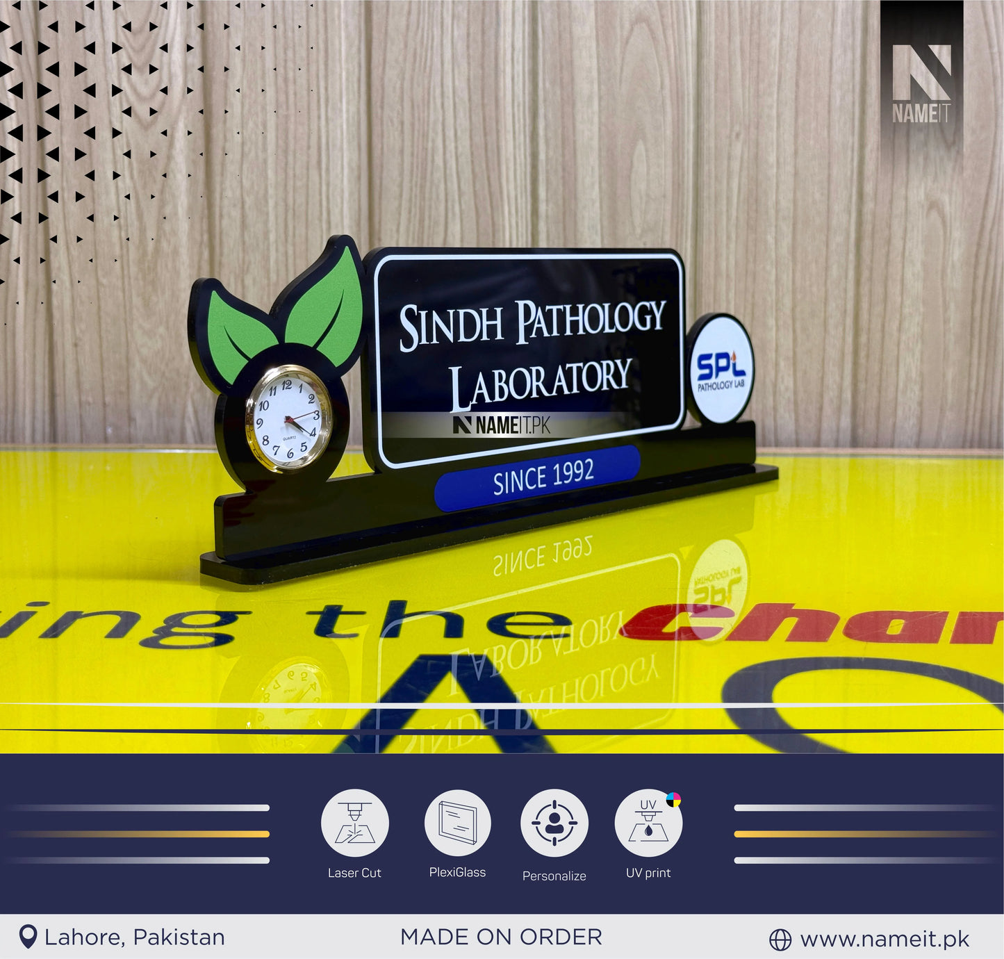 Table Name Plate, Custom Black Acrylic Desk Name Plate with Clock – Doctor Desk Name Plate, Nurse Office Decor Gift, Custom Black Acrylic Sign with Crown, Medical Office Decor