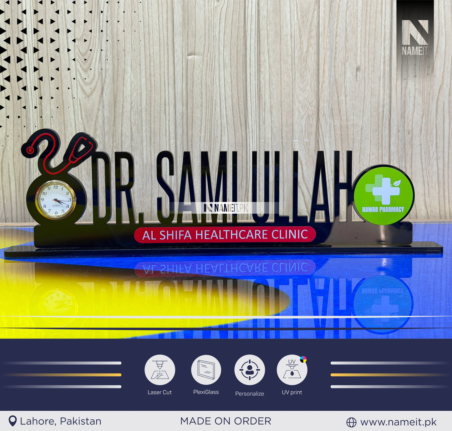 Table Name Plate, Custom Black Acrylic Desk Name Plate with Clock – Doctor Desk Name Plate, Nurse Office Decor Gift, Custom Black Acrylic Sign with Leaves, Medical Office Decor