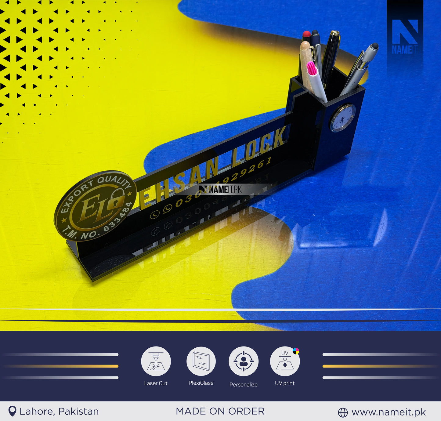 β¨ Personalized Printed Acrylic Desk Name Plate with Custom Name, Company Logo, Contact Details, Built-in Clock & Pen Holder | Premium Office Desk Accessory & Corporate Gift ππΌ