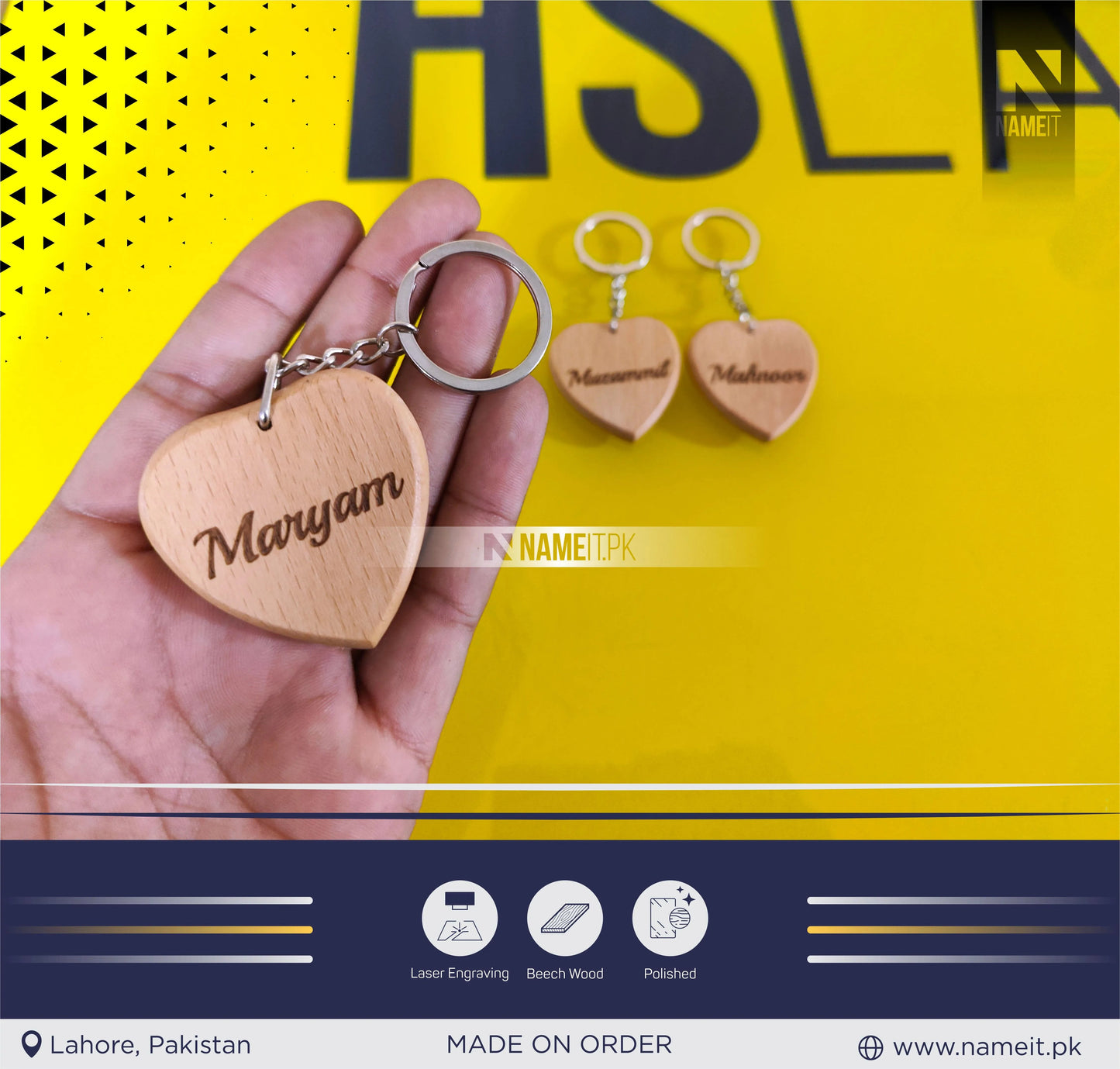 Personalised Engraved Wooden Heart Keyring / Custom Key Fob / Love Heart Key Ring / Anniversary gift / Mothers’ Day gift / NAMEIT PAKISTAN