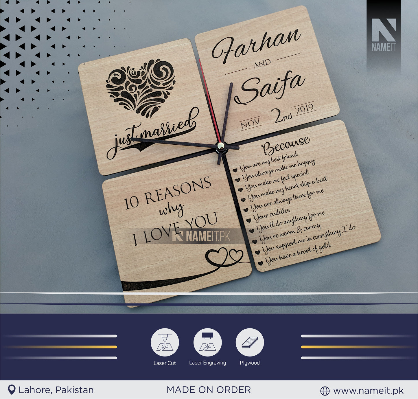 Personalized Wooden WallClock, With really 10 reasons of Love NAMEIT PAKISTAN