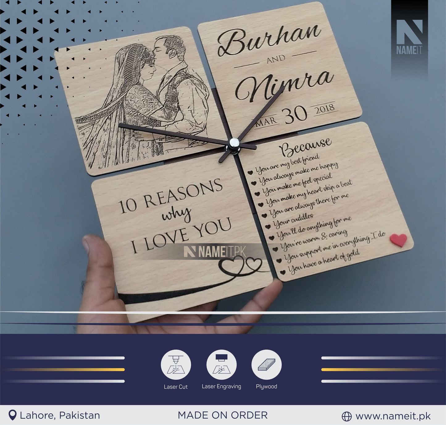 Personalized Wooden WallClock, With really 10 reasons of Love NAMEIT PAKISTAN