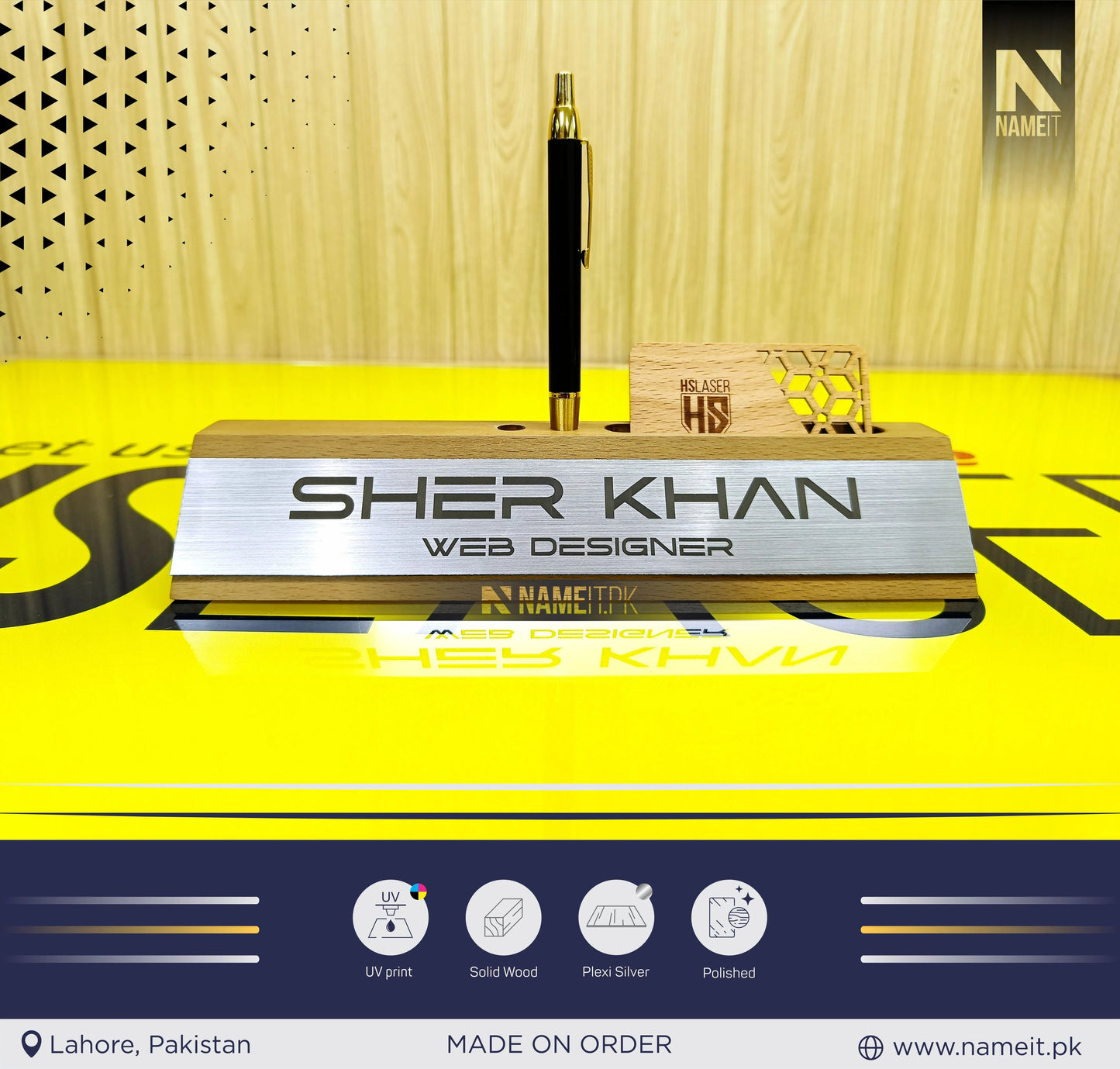Wooden Business Card Holder, Desk Name Plate organizer, Custom Name Plate Plaque, NAMEIT PAKISTAN