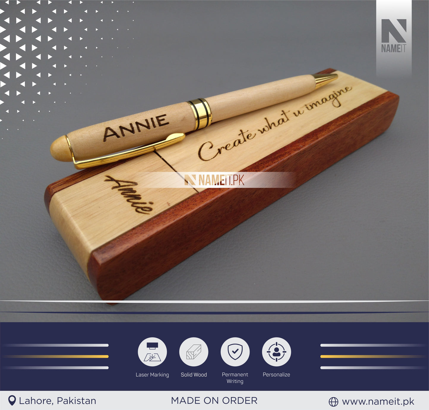 Wooden Pen and Box, Custom Engraved Name Wooden Holder Box Set | CORPORATE SOUVENIR NAMEIT PAKISTAN