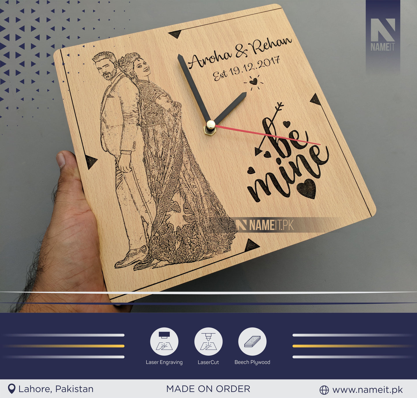 Wooden Personalized WallClock, Wooden Clock with Photo Engraving, Wooden Clock with personalization for Home decor, Gift for wedding, anniversaries NAMEIT PAKISTAN