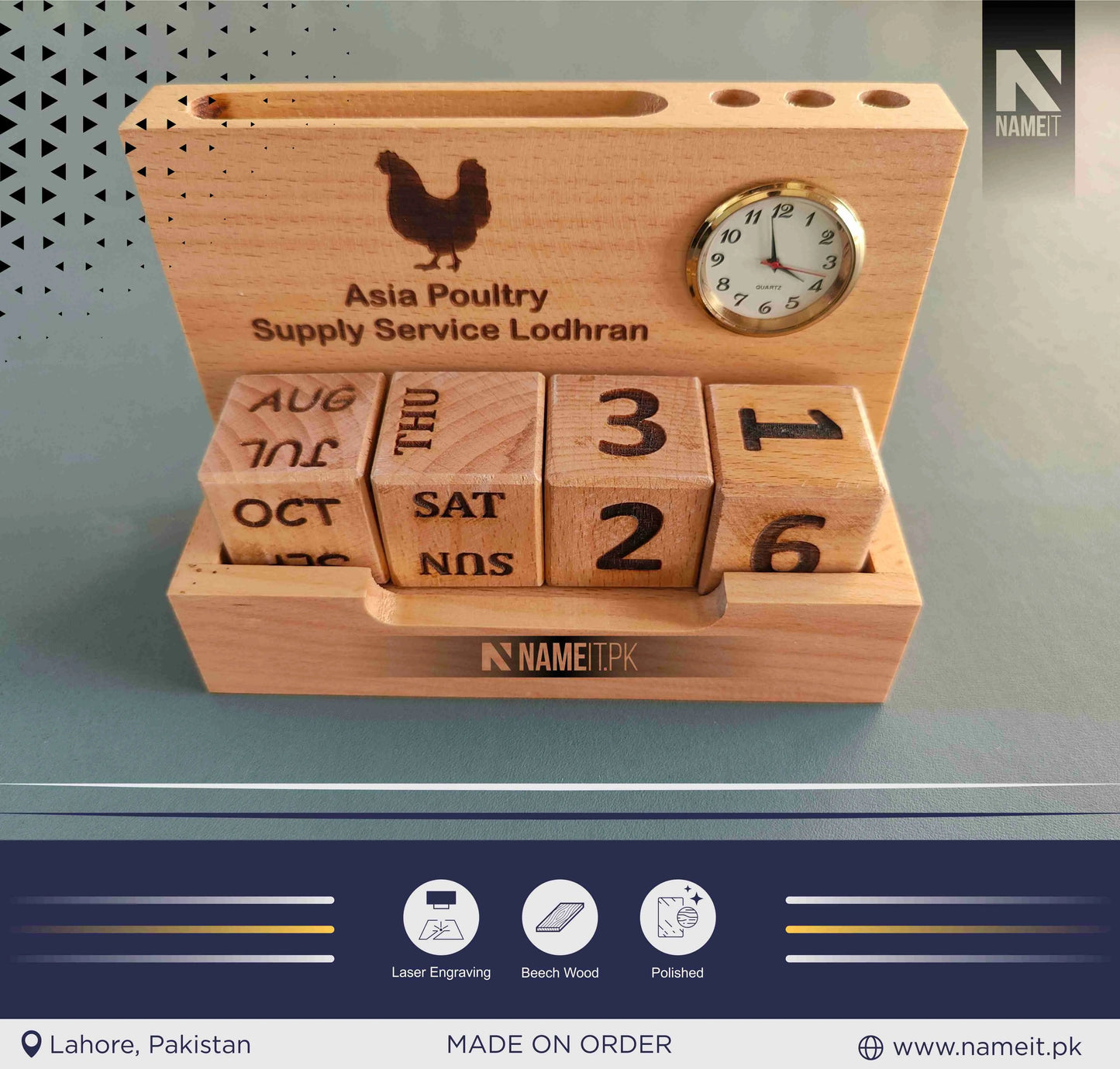 Wooden Pen stand with clock & Calendar | Desk organizer with Month, Date Calendar | Pen stand with clock for office, work, Home Decor, 2 compartment wooden pen stand NAMEIT PAKISTAN
