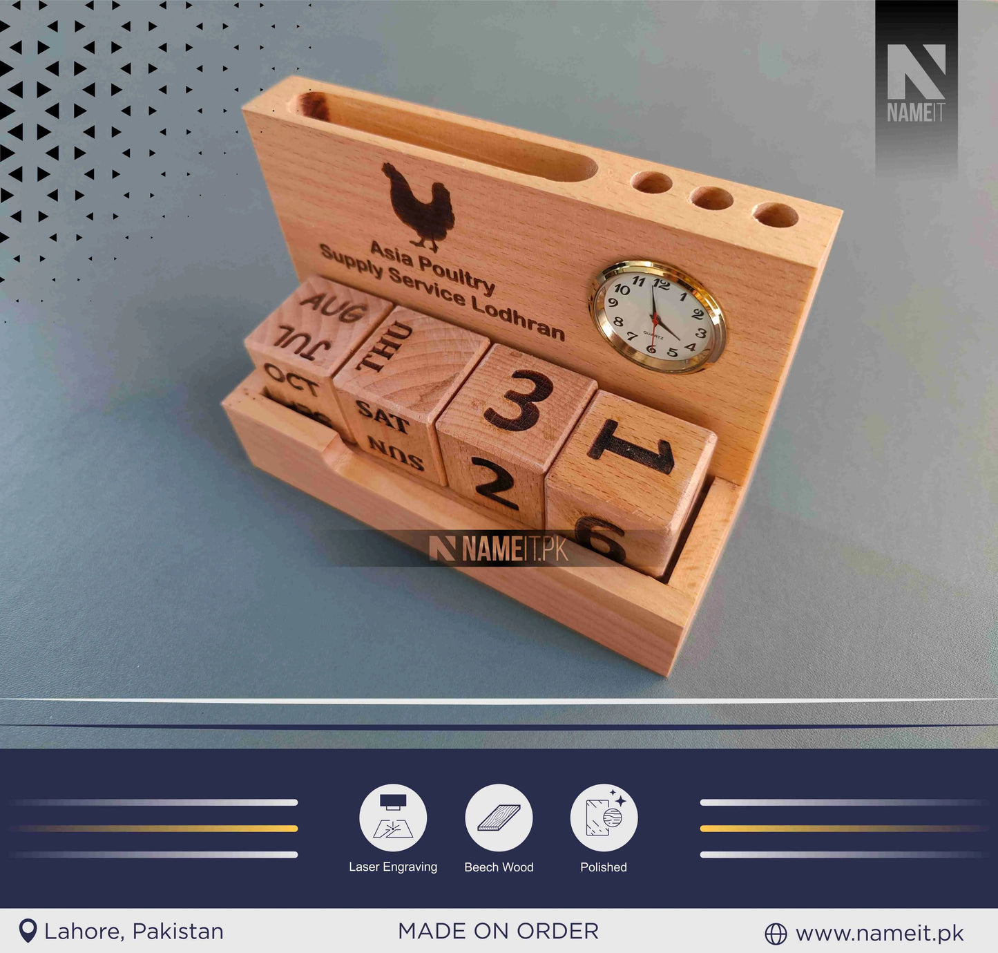 Wooden Pen stand with clock & Calendar | Desk organizer with Month, Date Calendar | Pen stand with clock for office, work, Home Decor, 2 compartment wooden pen stand NAMEIT PAKISTAN
