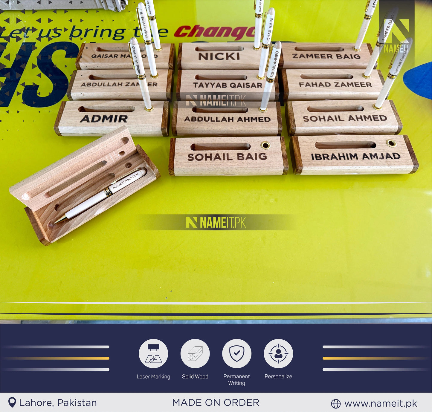 Wooden Pen and Holder Box, Custom Engraved Name Wooden Holder Box Set NAMEIT PAKISTAN