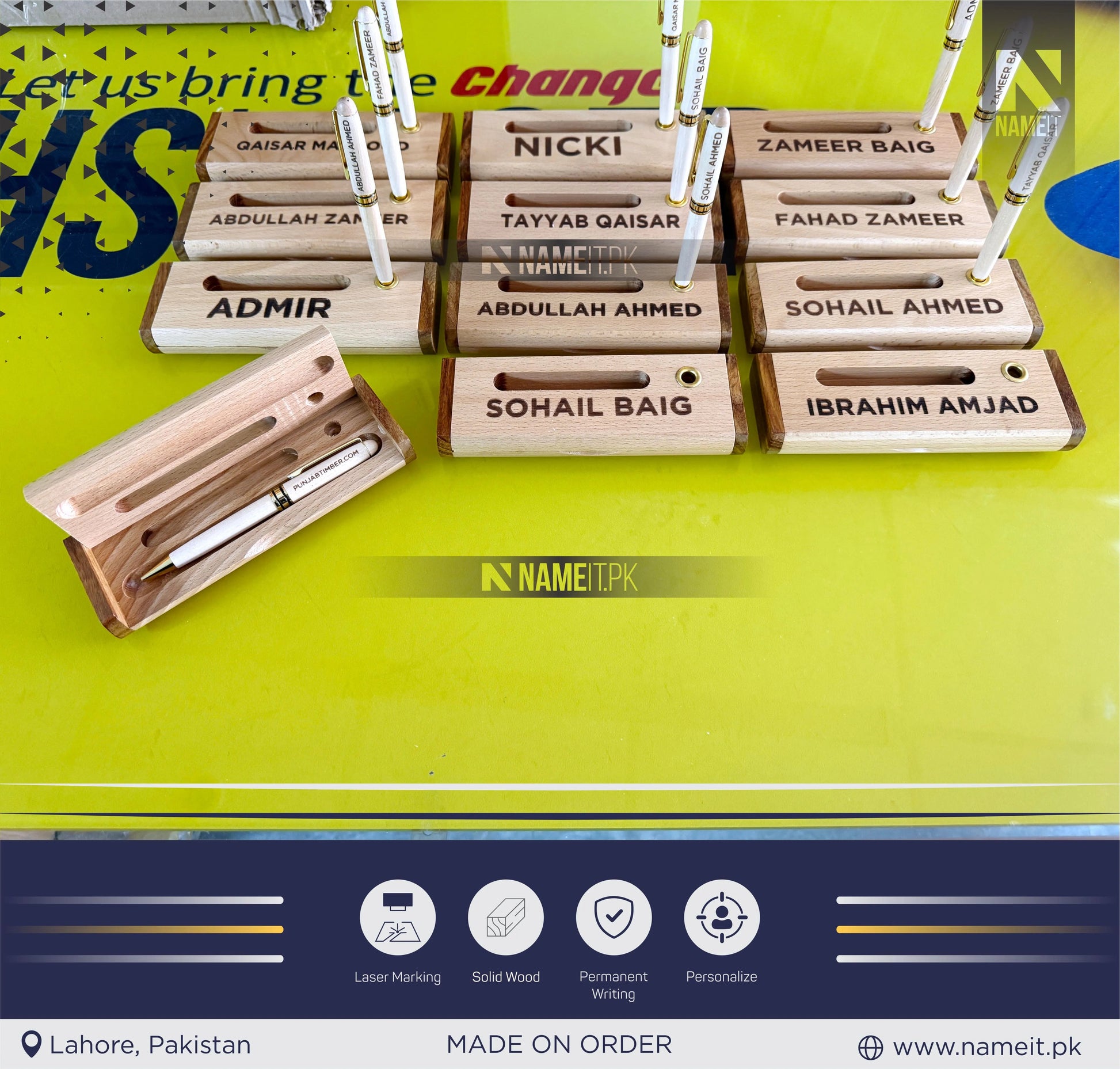 Wooden Pen and Holder Box, Custom Engraved Name Wooden Holder Box Set NAMEIT PAKISTAN