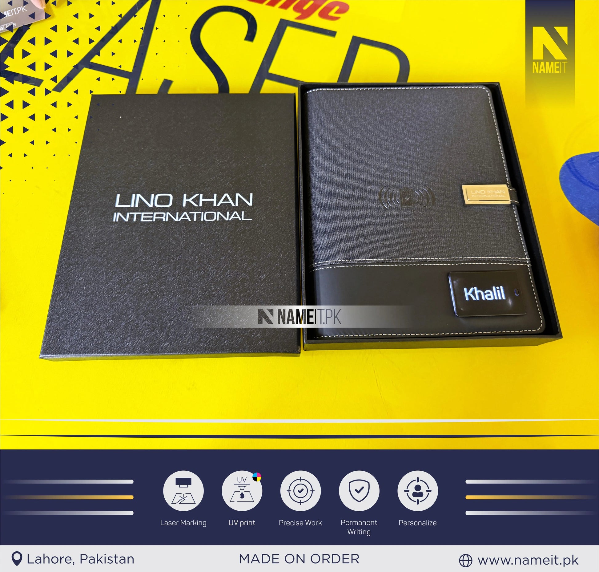 Diary, Personalized TechFolio, Diary with wireless Power Bank USB Drive, Lamp , Passport Pocket NAMEIT PAKISTAN