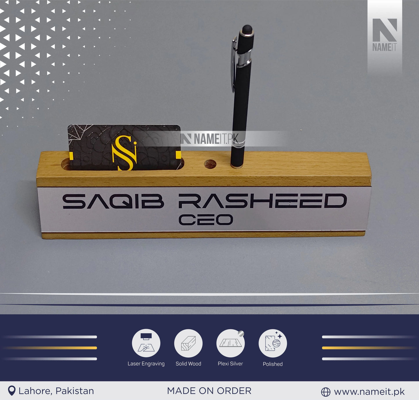 Personalized Office Desk Name Sign, Wooden Desk Name Plate, Anniversary Gift Desk Plaque, Laser Engraved Office Name Wedge, Desk Decorations, With Card,Pen Holder