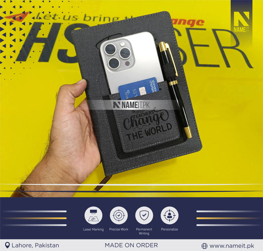 Diary, Engraved A5 Hardcover Line Notebook With Cellphone Pocket Custom Logo PU Leather Diary NAMEIT PAKISTAN