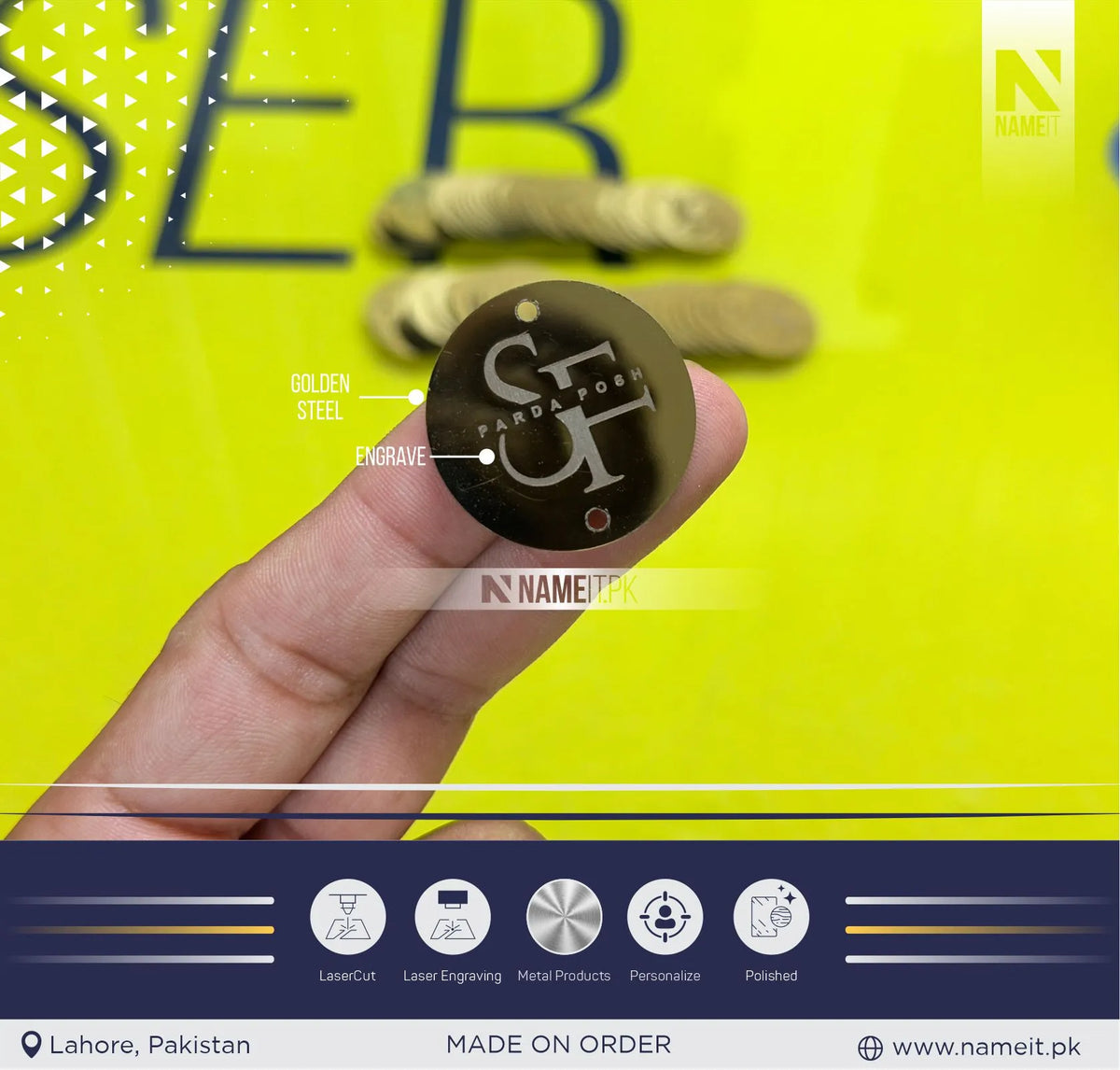 Product Tag,Golden Gloss Steel – Custom Laser Engraved Metal Tag | Gold Stainless Steel Label for Gifts, Bags, Wallets & Accessories
