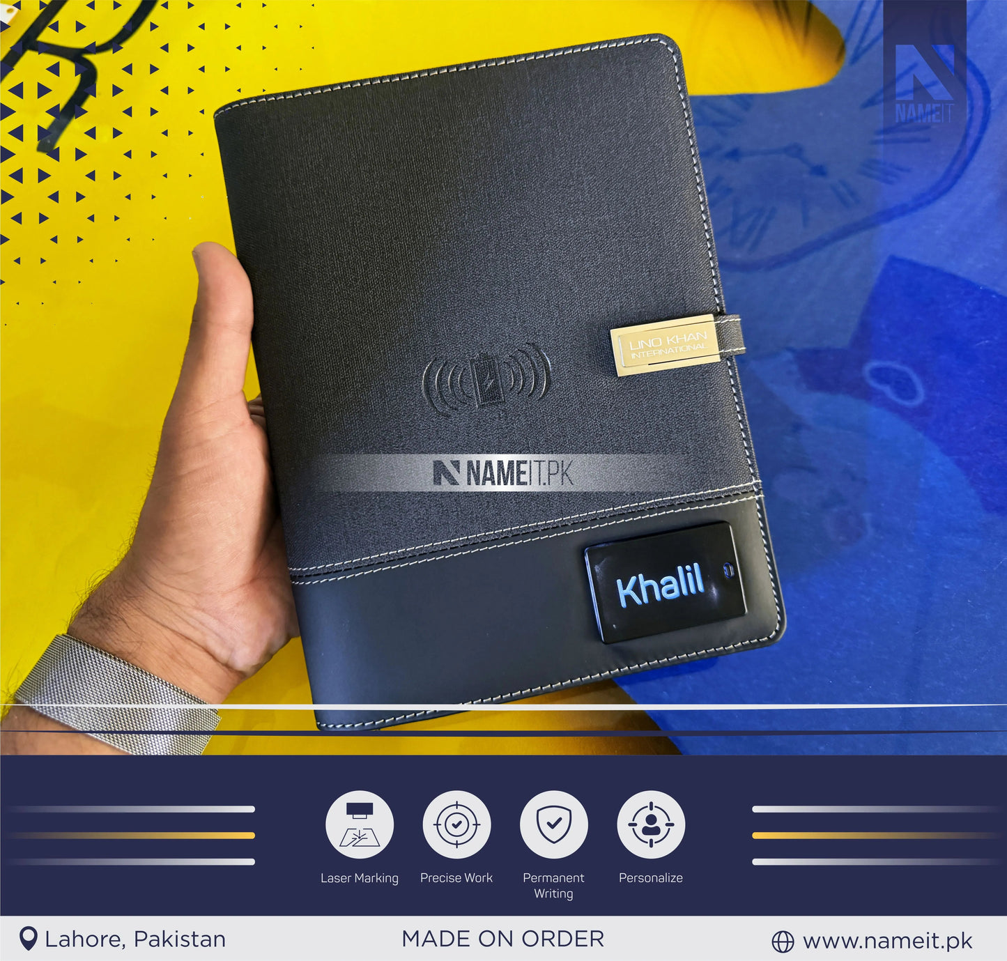 Diary, Personalized TechFolio, Diary with wireless Power Bank USB Drive, Lamp , Passport Pocket NAMEIT PAKISTAN
