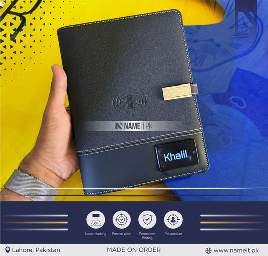 Diary, Personalized TechFolio, Diary with wireless Power Bank USB Drive, Lamp , Passport Pocket NAMEIT PAKISTAN