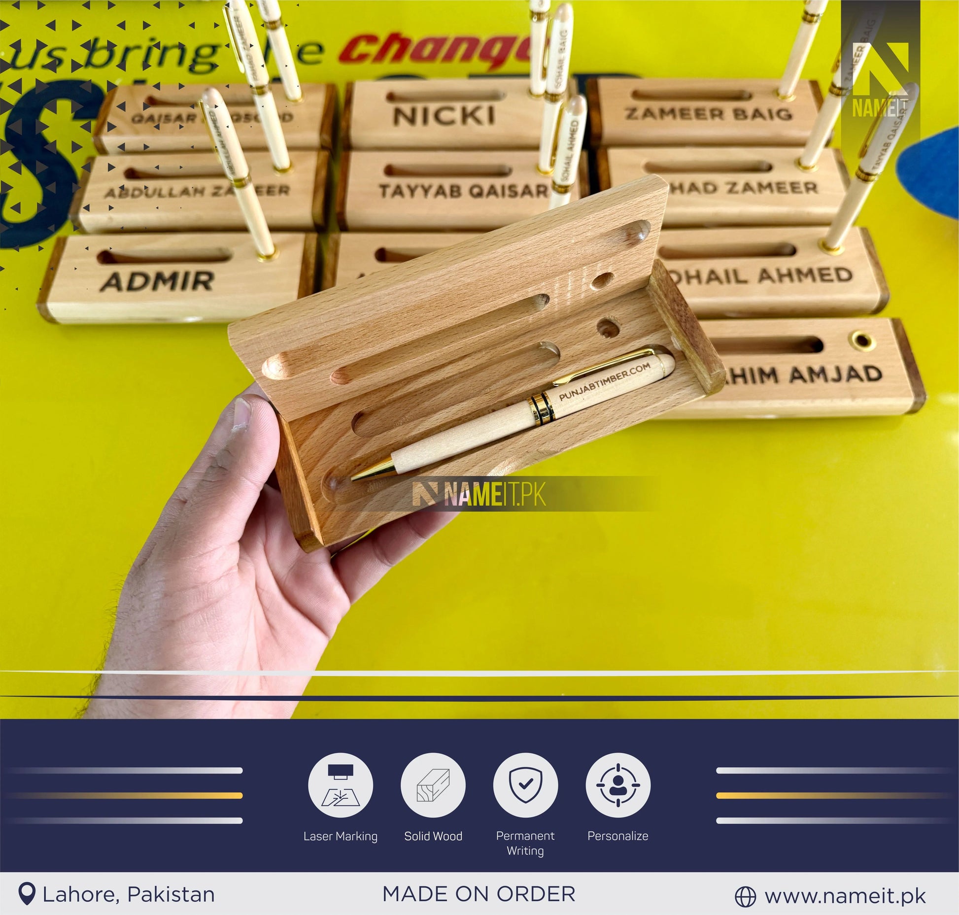 Wooden Pen and Holder Box, Custom Engraved Name Wooden Holder Box Set NAMEIT PAKISTAN