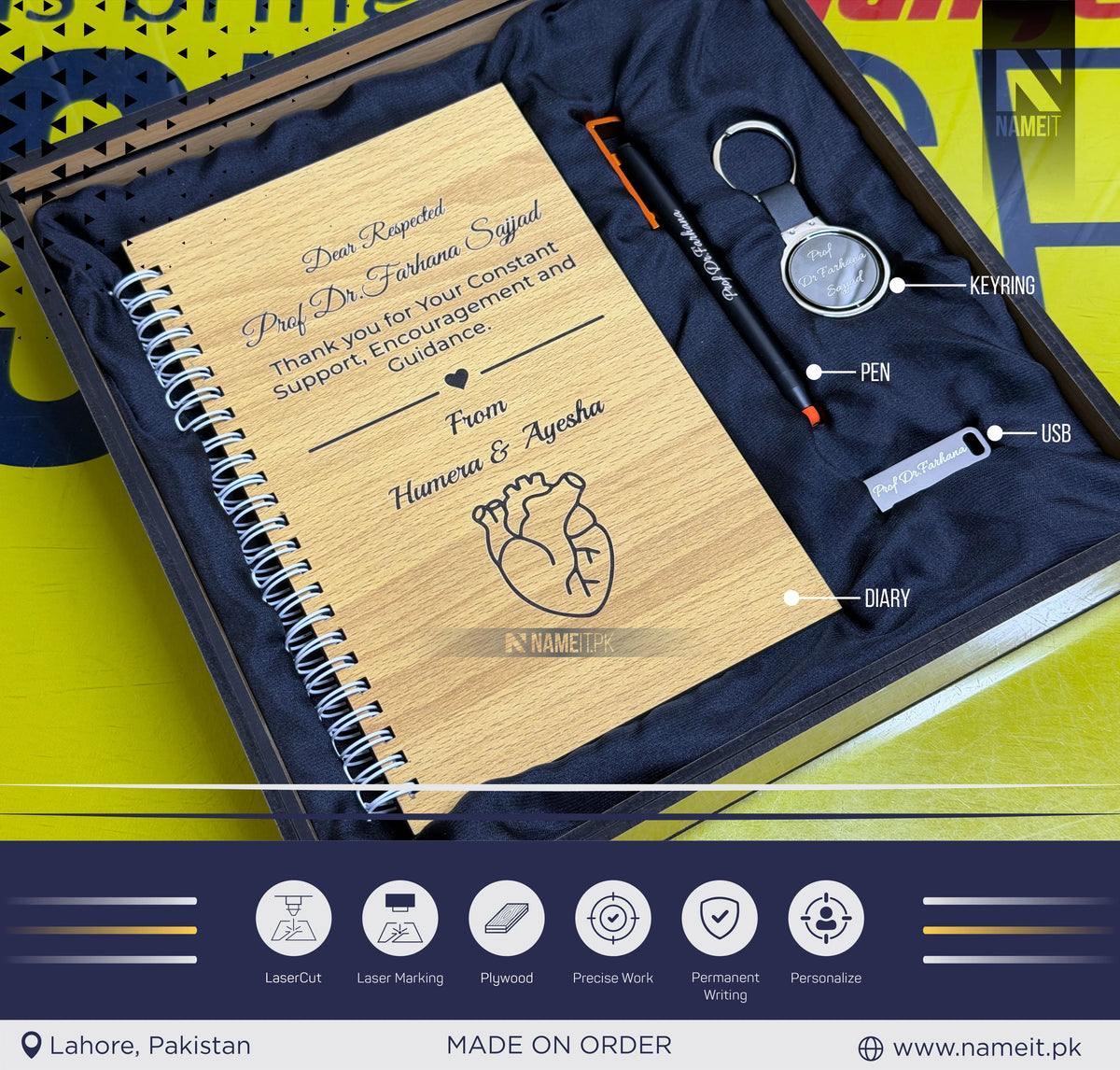 Gift Box, Luxury Customized Wooden Gift Box with Personalized Diary, Pen, Keyring & USB