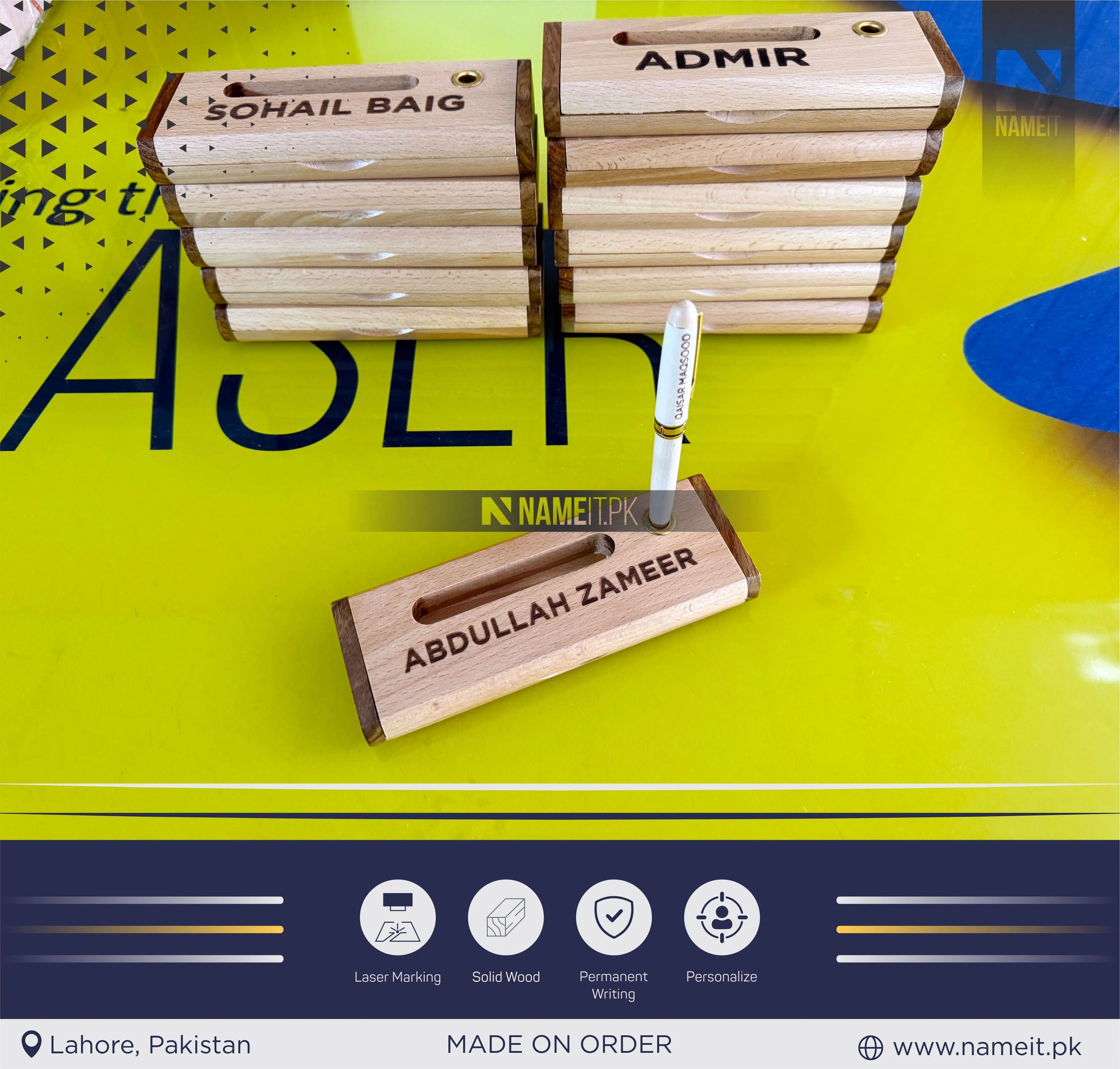 Wooden Pen and Holder Box, Custom Engraved Name Wooden Holder Box Set NAMEIT PAKISTAN