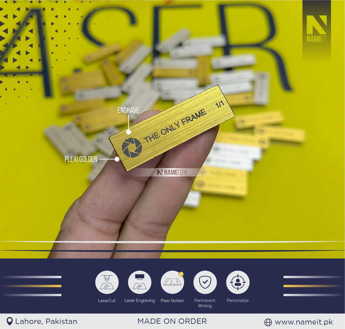 Customized Gold Acrylic Labels with Laser Engraved Logo, Personalized Branding Plates for Photography Equipment, Business Products, Corporate Branding &amp; Professional Identification