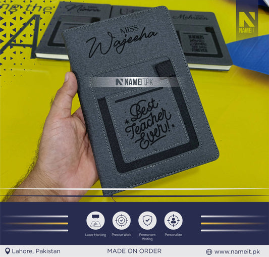 Diary, Engraved  A5 Hardcover Line Notebook With Cellphone Pocket Custom Logo PU Leather Diary NAMEIT PAKISTAN