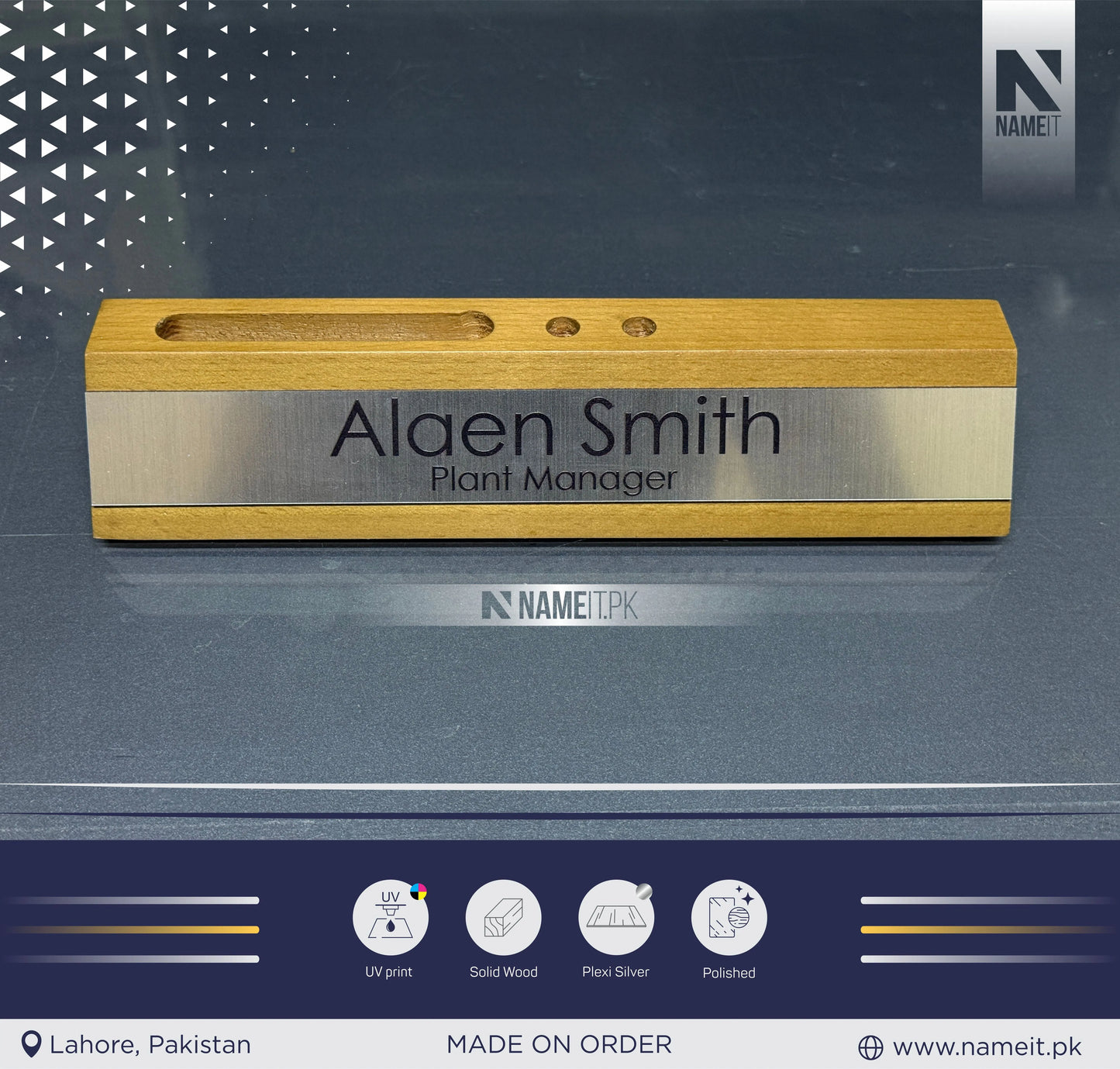 Personalized Office Desk Name Sign, Wooden Desk Name Plate, Anniversary Gift Desk Plaque, Laser Engraved Office Name Wedge, Desk Decorations, With Card,Pen Holder