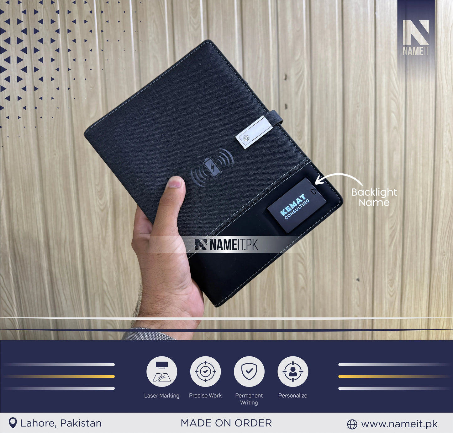 Diary, Personalized TechFolio, Diary with wireless Power Bank USB Drive, Lamp , Passport Pocket