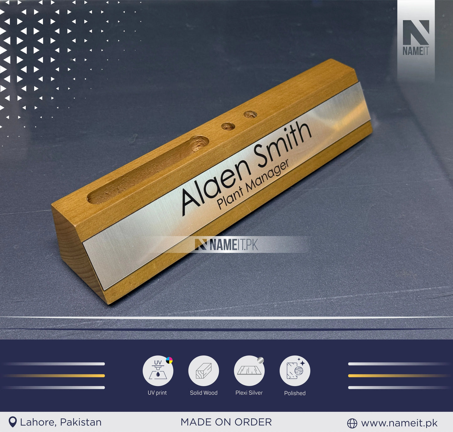 Personalized Office Desk Name Sign, Wooden Desk Name Plate, Anniversary Gift Desk Plaque, Laser Engraved Office Name Wedge, Desk Decorations, With Card,Pen Holder