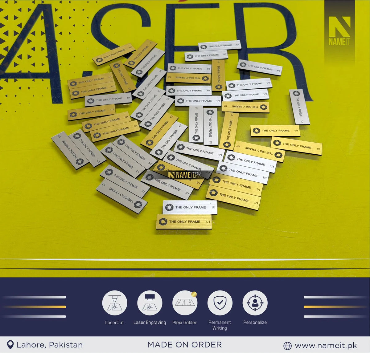 Customized Gold Acrylic Labels with Laser Engraved Logo, Personalized Branding Plates for Photography Equipment, Business Products, Corporate Branding &amp; Professional Identification