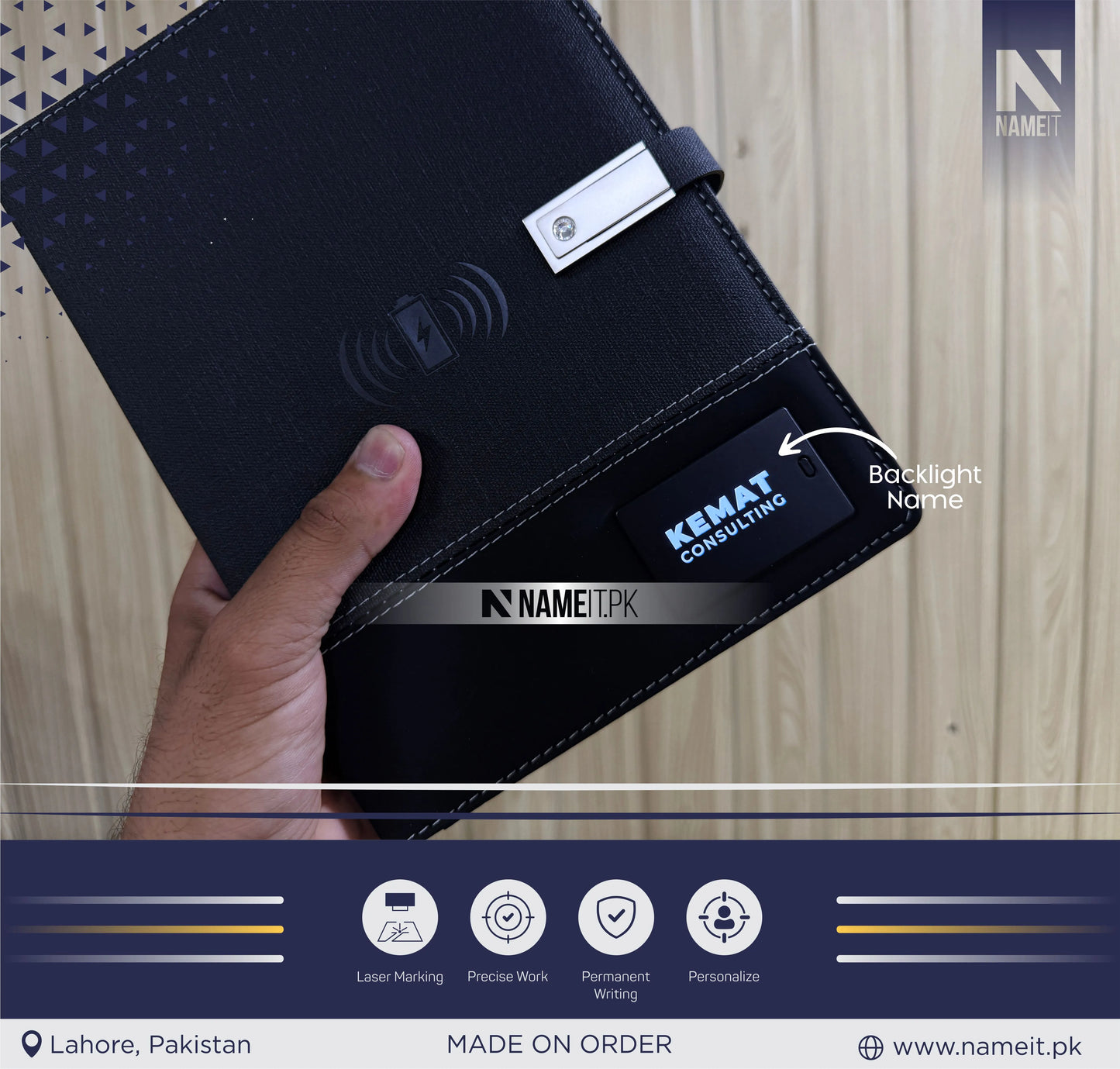 Diary, Personalized TechFolio, Diary with wireless Power Bank USB Drive, Lamp , Passport Pocket
