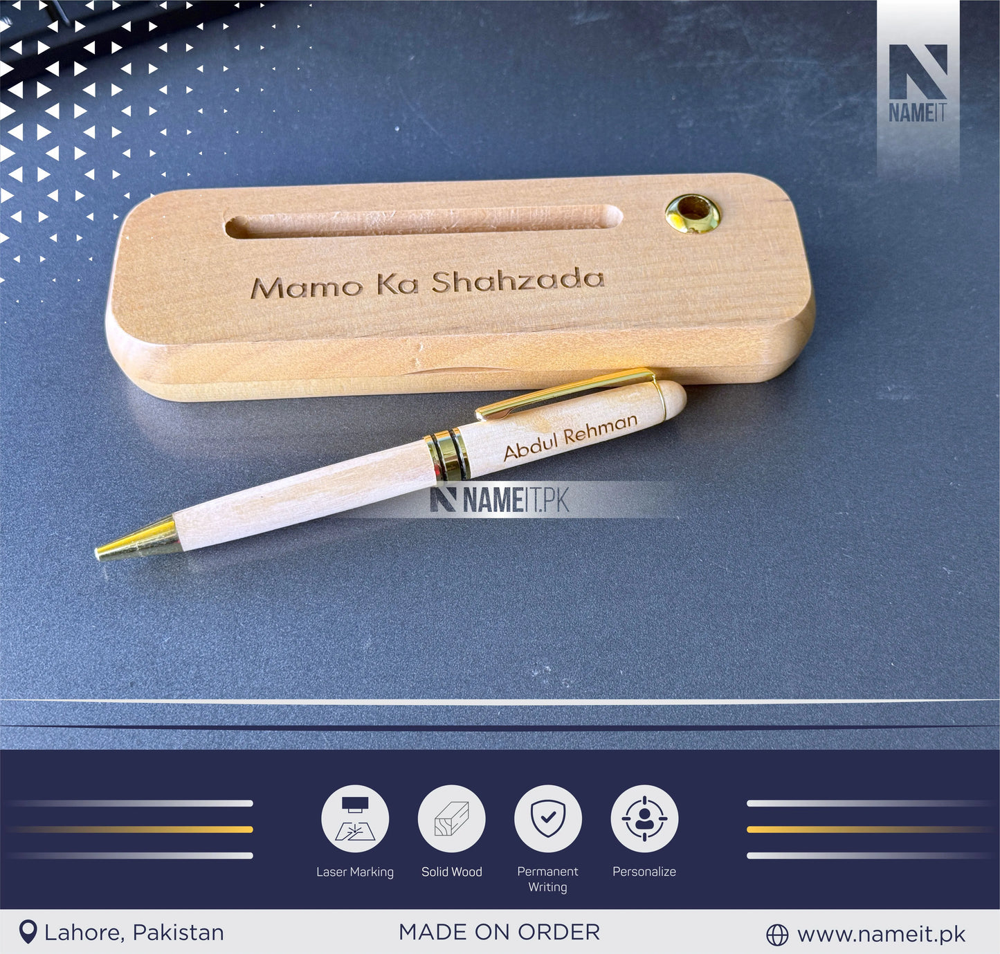 Wooden Pen and Holder Box, Custom Engraved Name Wooden Holder Box Set