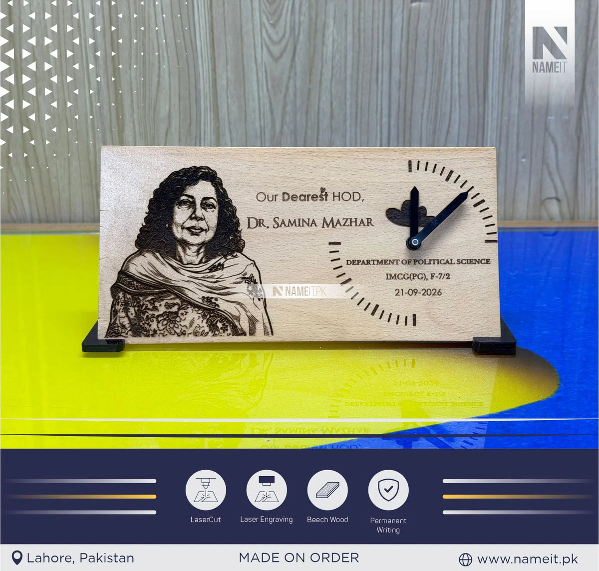 Personalized Wooden Desk Clock with Custom Laser Engraved Portrait | Customized Wooden Table Clock with Name, Message & Department Details | Premium Appreciation Gift