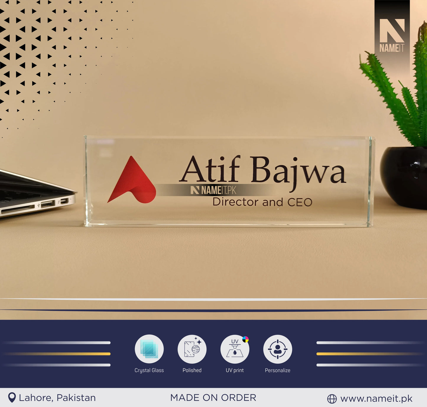 Custom Office Table Name Sign Crystal Glass, Unique Office Decor Custom Logo, Office Nameplate, Gift for Boss, Boss Lady Gift, Desk Plaque, Personalized Company Logo NAMEIT PAKISTAN