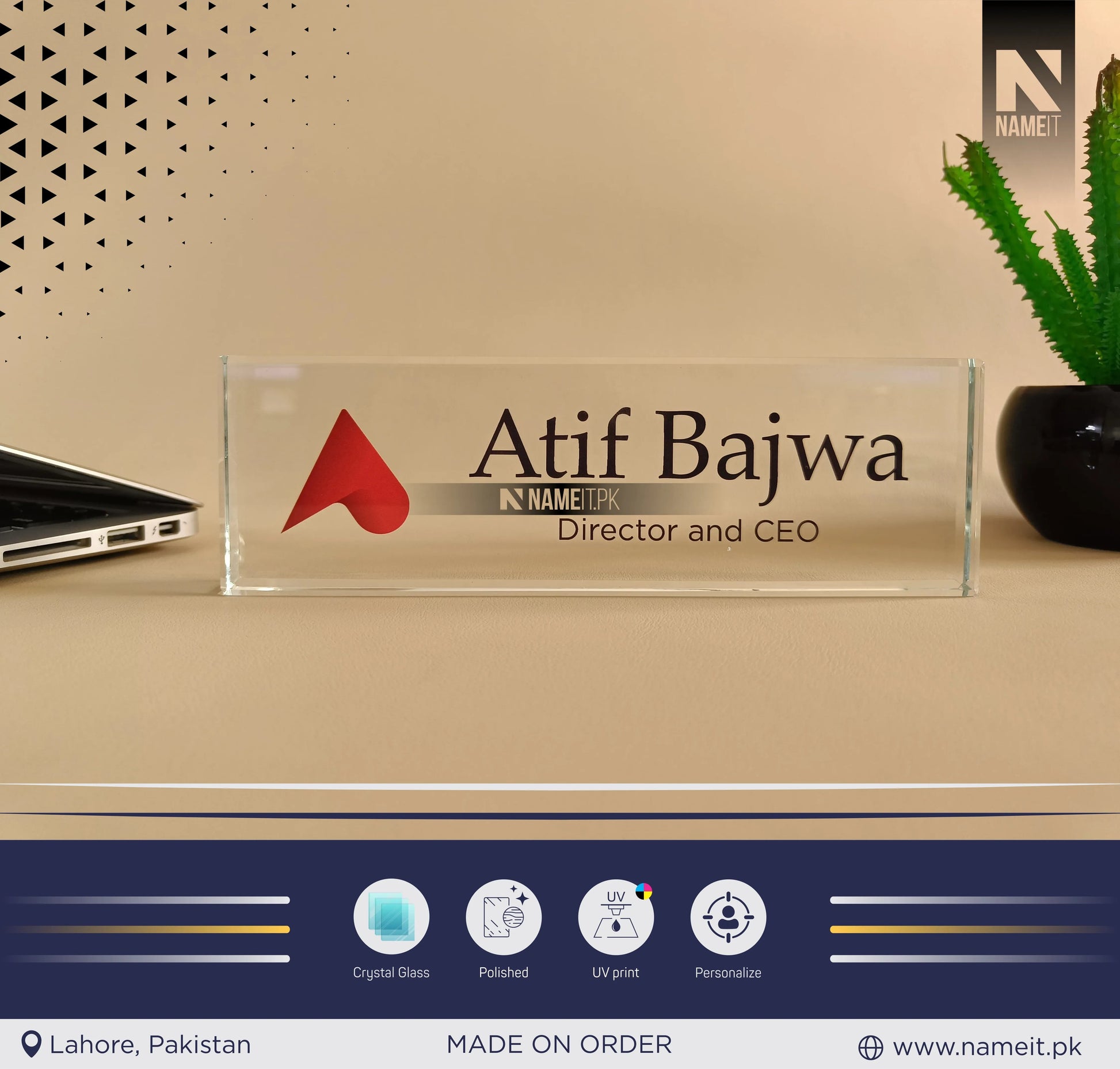 Custom Office Table Name Sign Crystal Glass, Unique Office Decor Custom Logo, Office Nameplate, Gift for Boss, Boss Lady Gift, Desk Plaque, Personalized Company Logo NAMEIT PAKISTAN