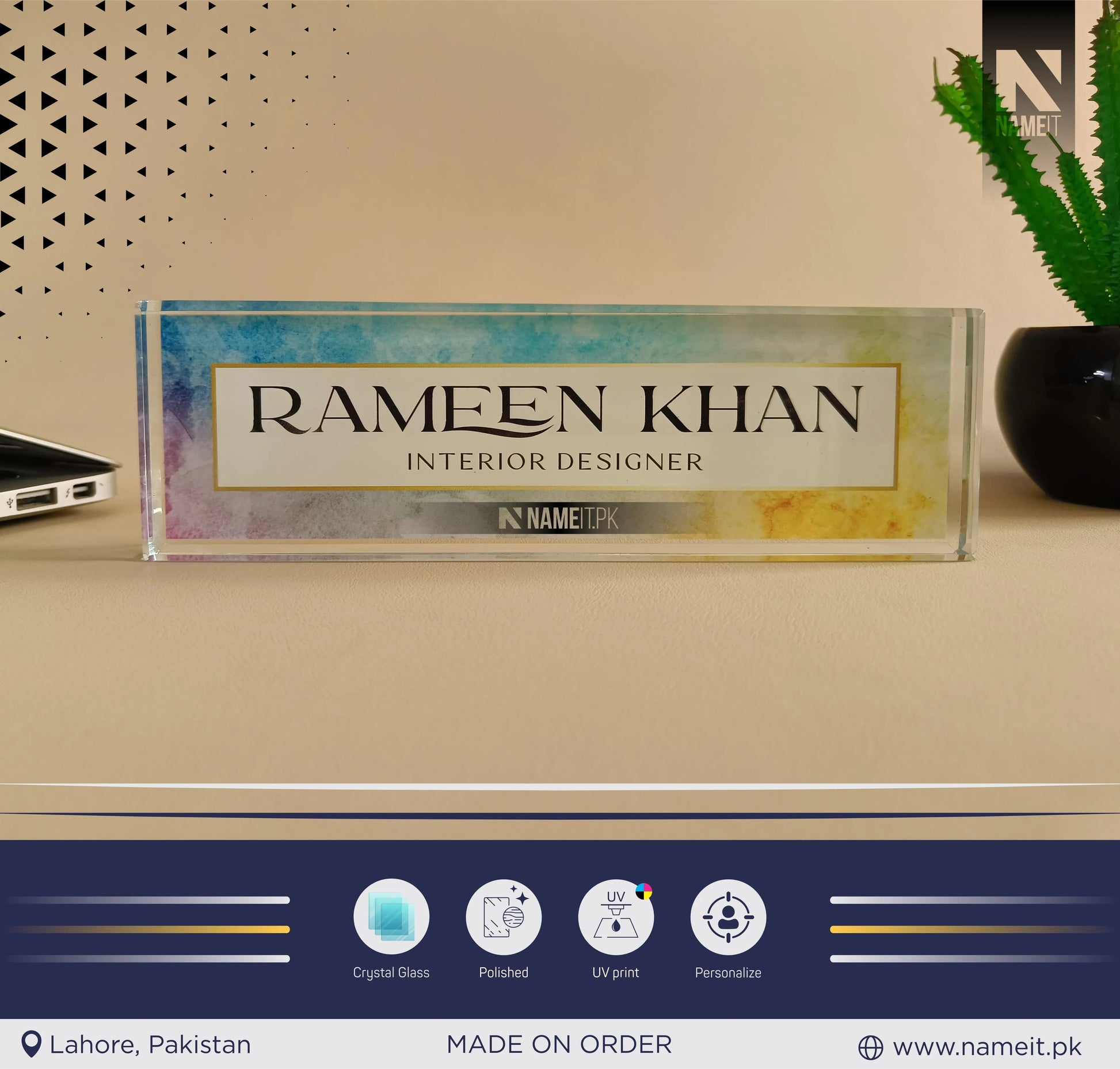 Custom Office Table Name Sign Crystal Glass, Unique Office Decor Custom Logo, Office Nameplate, Gift for Boss, Boss Lady Gift, Desk Plaque, Personalized Company Logo NAMEIT PAKISTAN