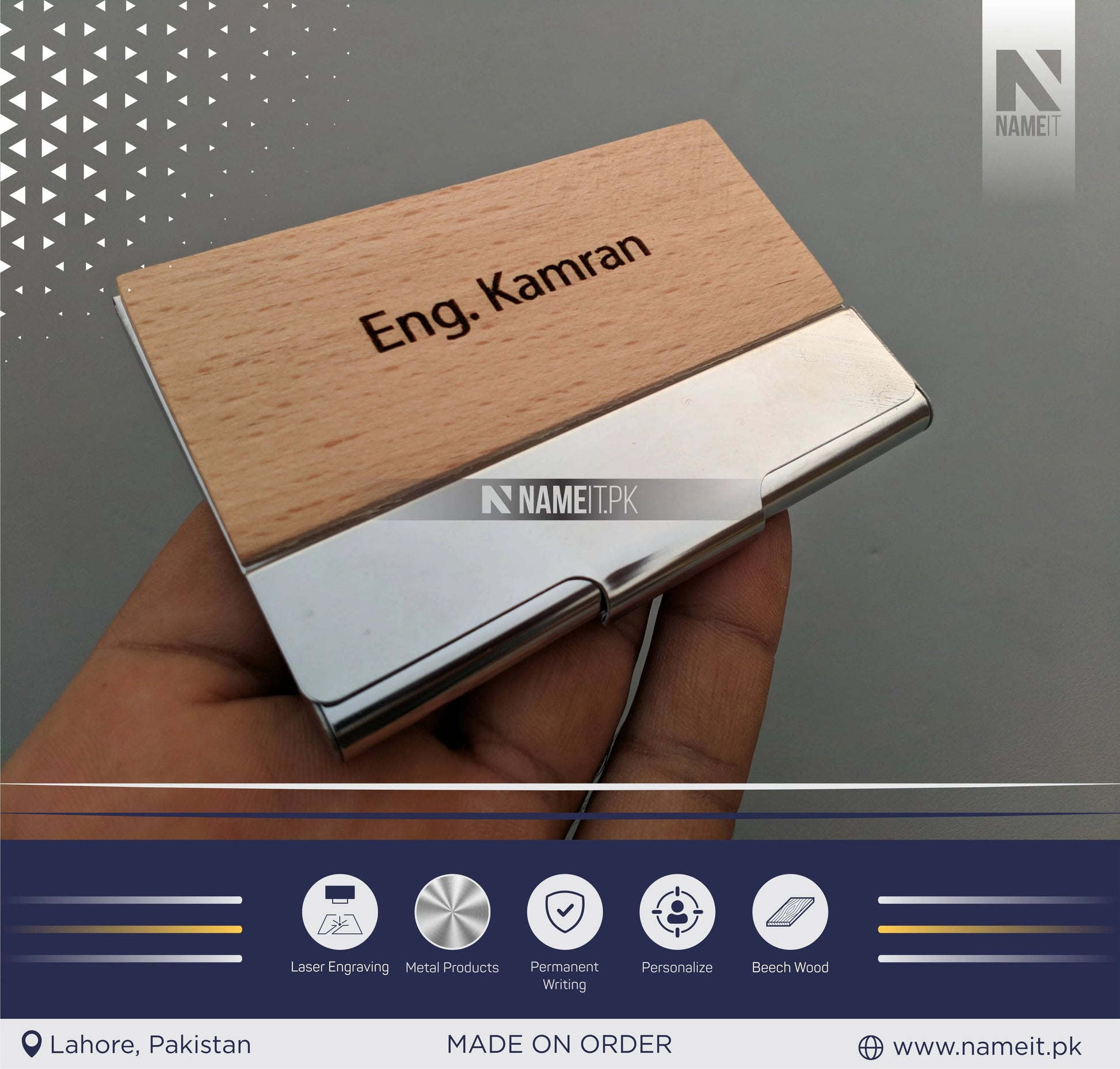 Company Personalized Business Wood & Metal Card Holder, Logo/Text Laser Engraved NAMEIT PAKISTAN
