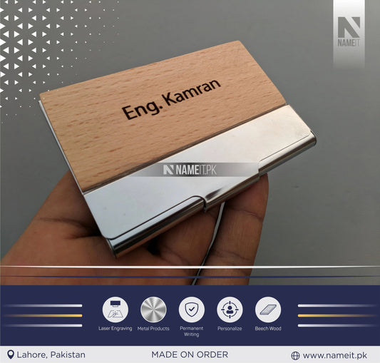 Company Personalized Business Wood & Metal Card Holder, Logo/Text Laser Engraved NAMEIT PAKISTAN
