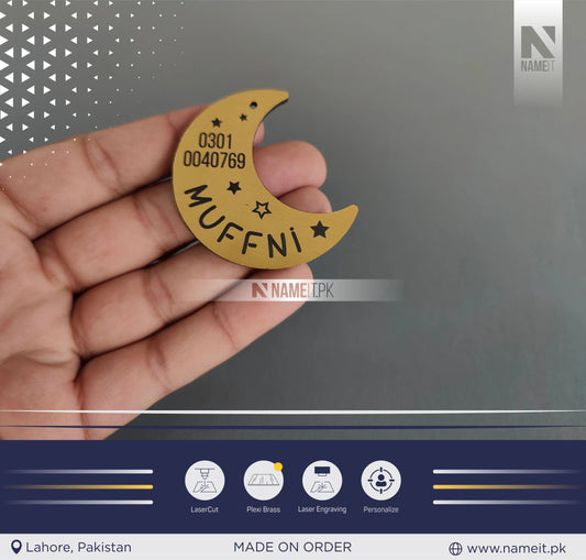 Pets Tag Personalized, Moon Shap Tag, Pet Tags for Collars, Engraved Tag, Name Tag, Customized Pet Tag, Kitty Tag, Golden Acrylic Material NAMEIT PAKISTAN
