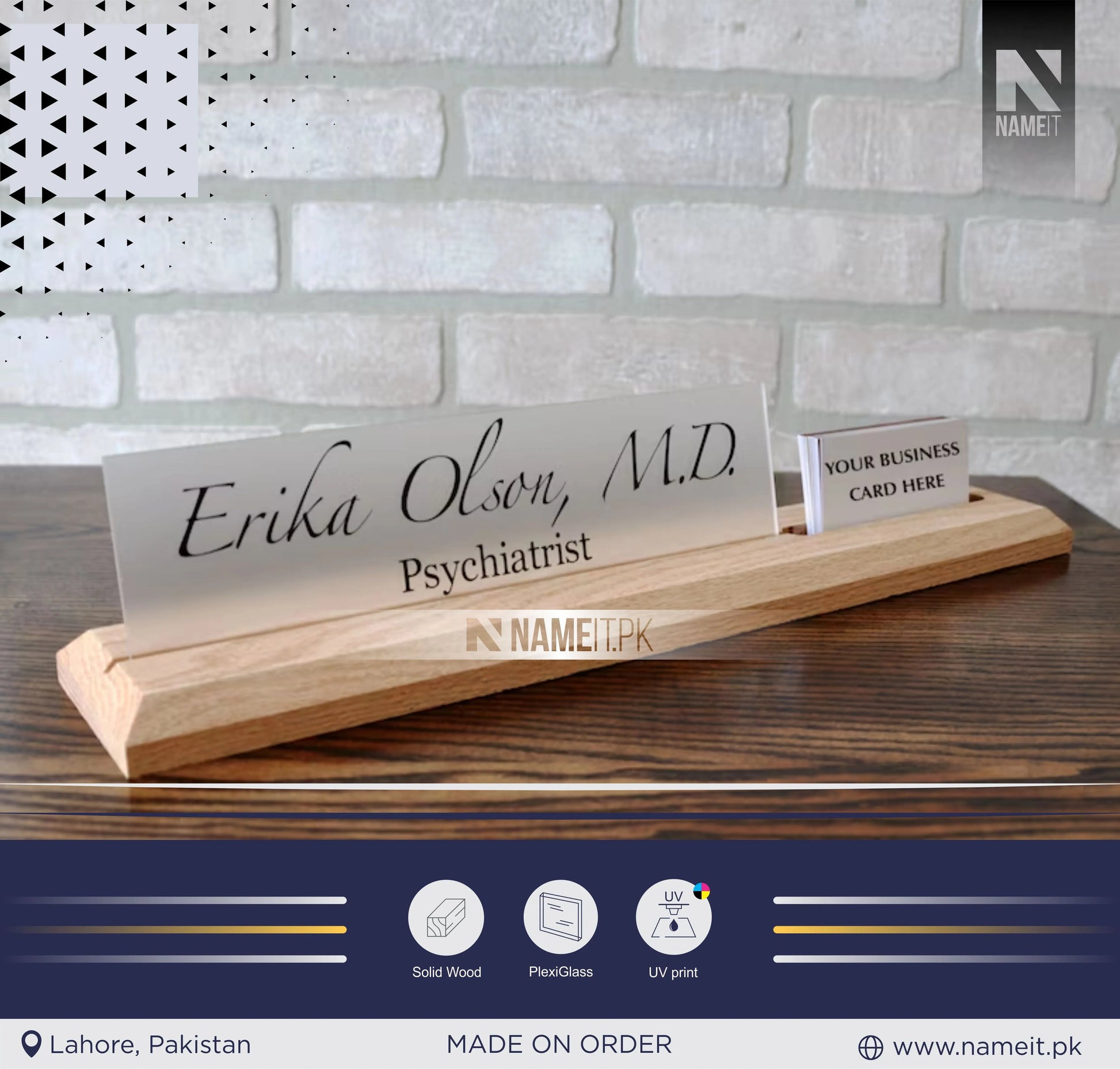 Desk Name Plate with Attached Business Card Holder, card display for office, Mobile Stand, name plate with business card holder for desk NAMEIT PAKISTAN