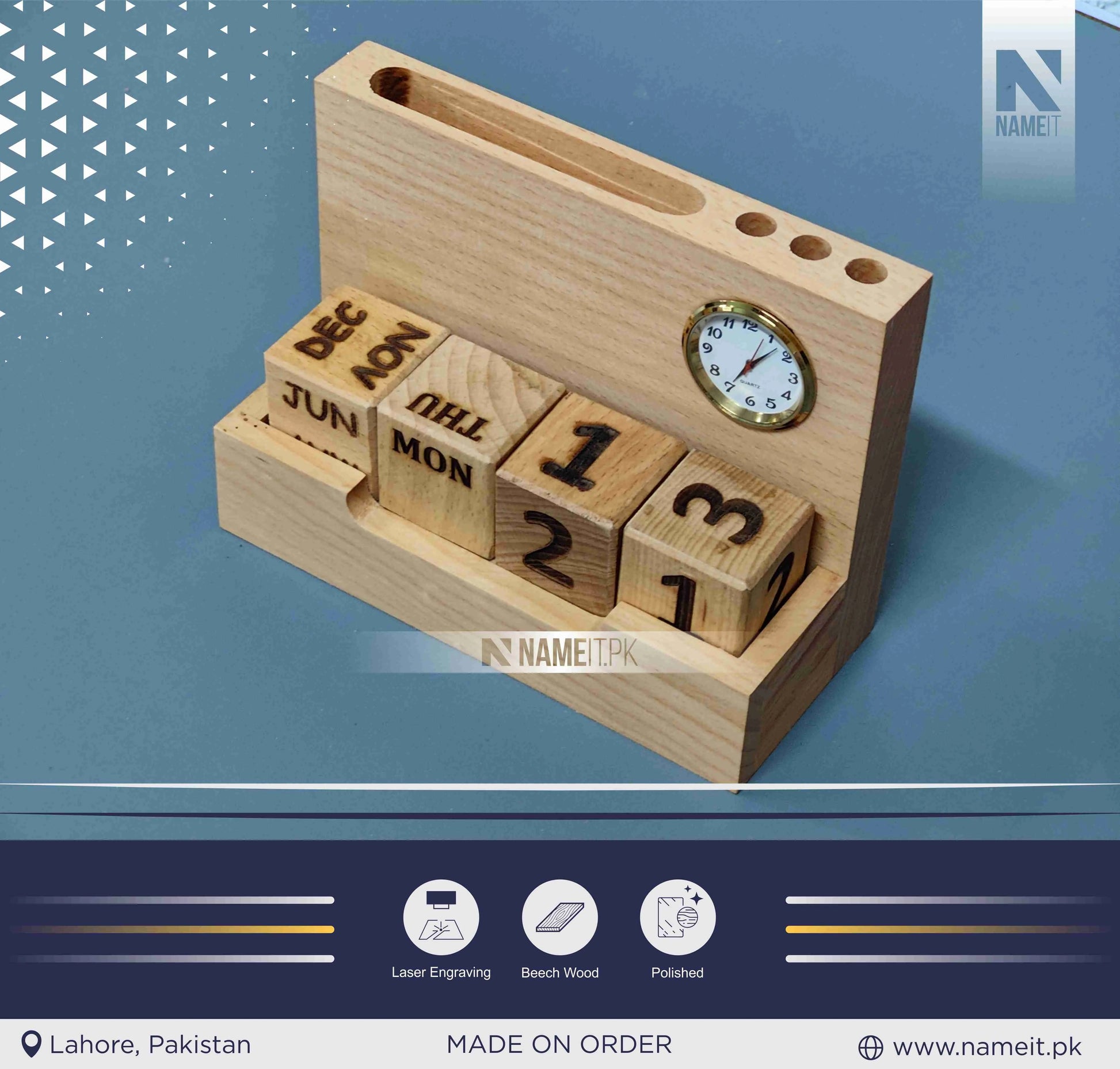 Wooden Pen stand with clock & Calendar | Desk organizer with Month, Date Calendar | Pen stand with clock for office, work, Home Decor, 2 compartment wooden pen stand NAMEIT PAKISTAN