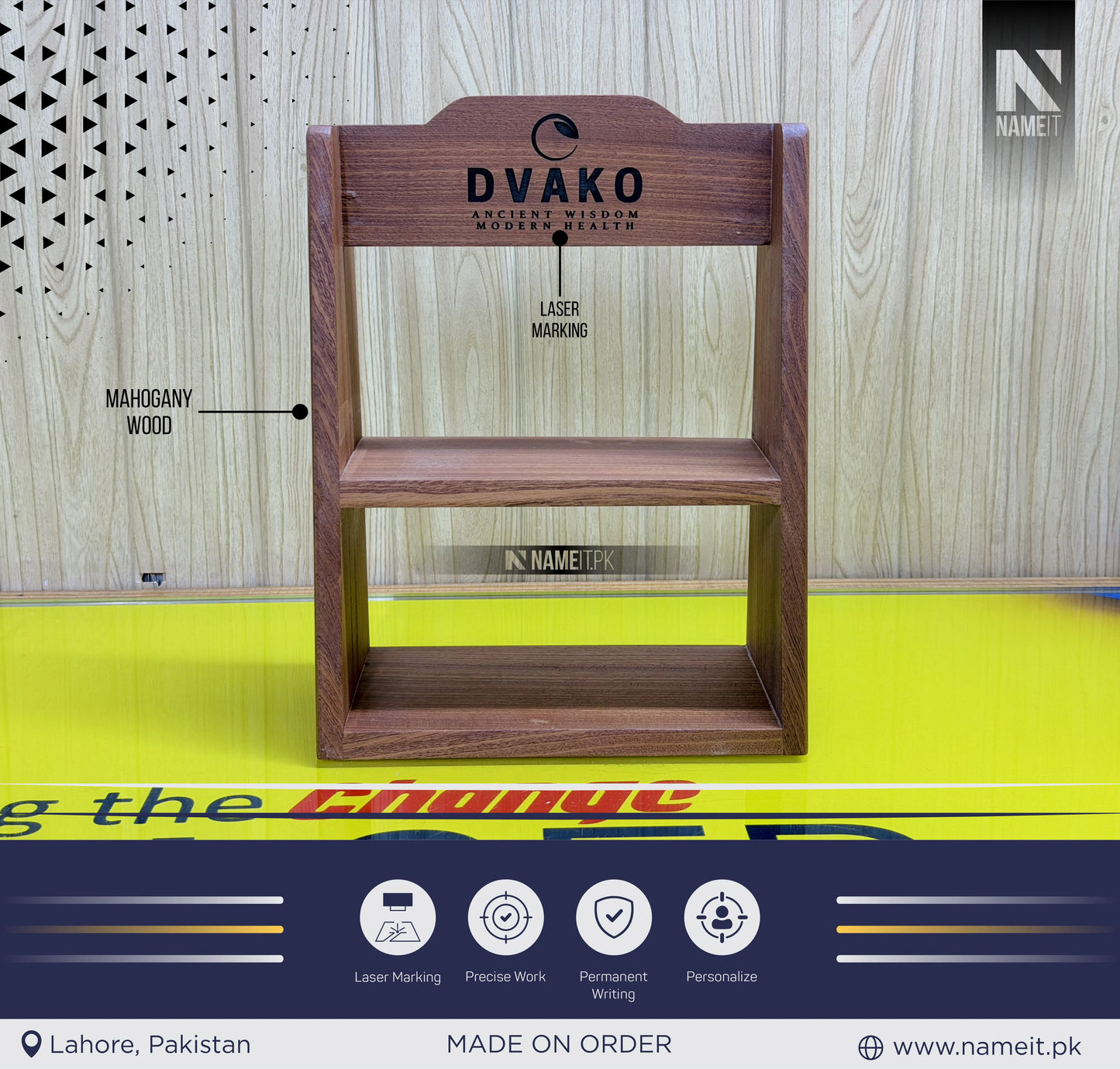 Premium Mahogany Wooden Display Stand with Custom Laser Engraving