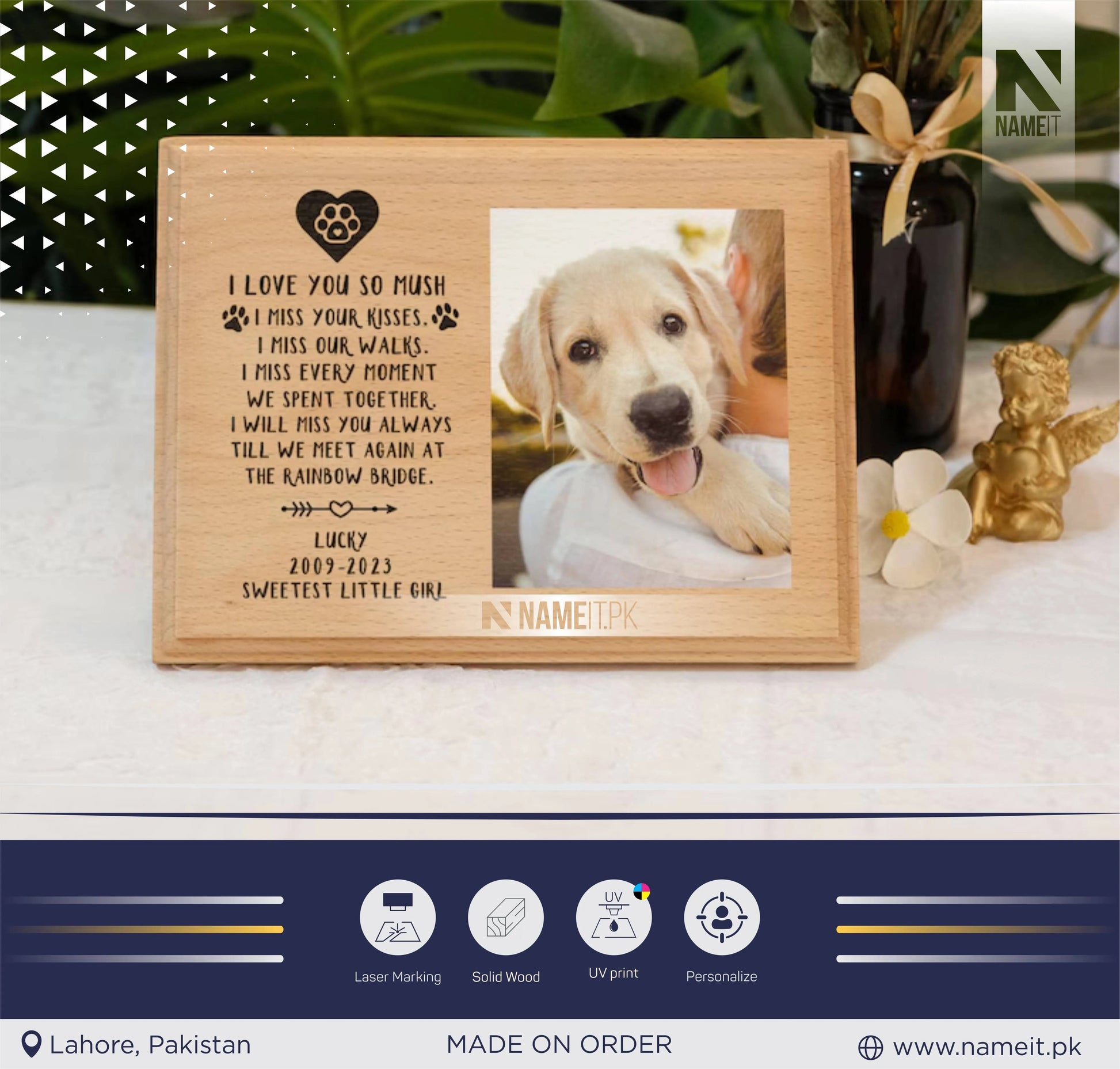 Personalized Pet Memorial Gift , Pet Loss Frame Portrait Remembrance,Photo Pet Sympathy Gift on Wood,Custom Dog Pet Photo Frame NAMEIT PAKISTAN