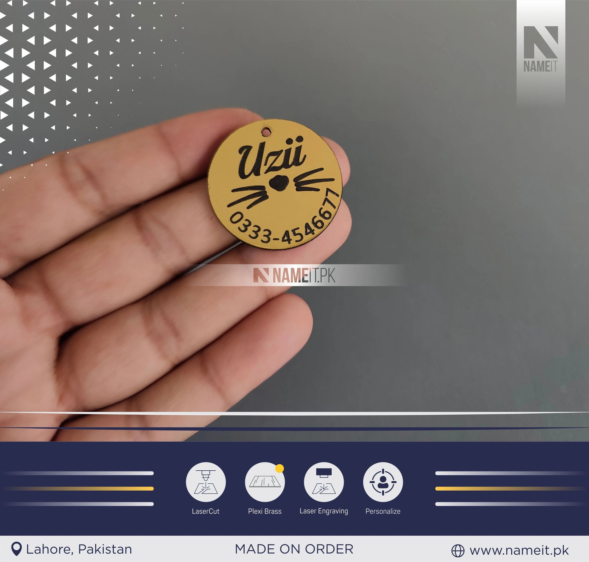 Pets Tag Personalized, Round Shape Tag, Pet Tags for Collars, Engraved Tag, Name Tag, Customized Pet Tag, Kitty Tag, Golden Acrylic Material NAMEIT PAKISTAN