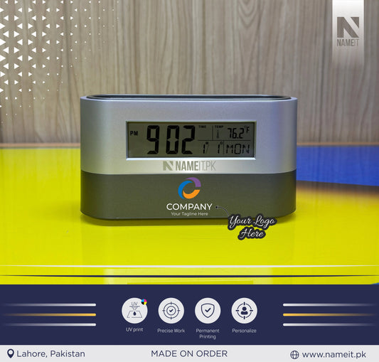 Pen & Card Holder, Pen Holder with Digital LCD Clock Calendar Timer Temperature Display for Home Office Desktop Pencil Cup Electronic Pencil Cup Multifunctional LED Desk Clock 15 x 4.7 x 8cm