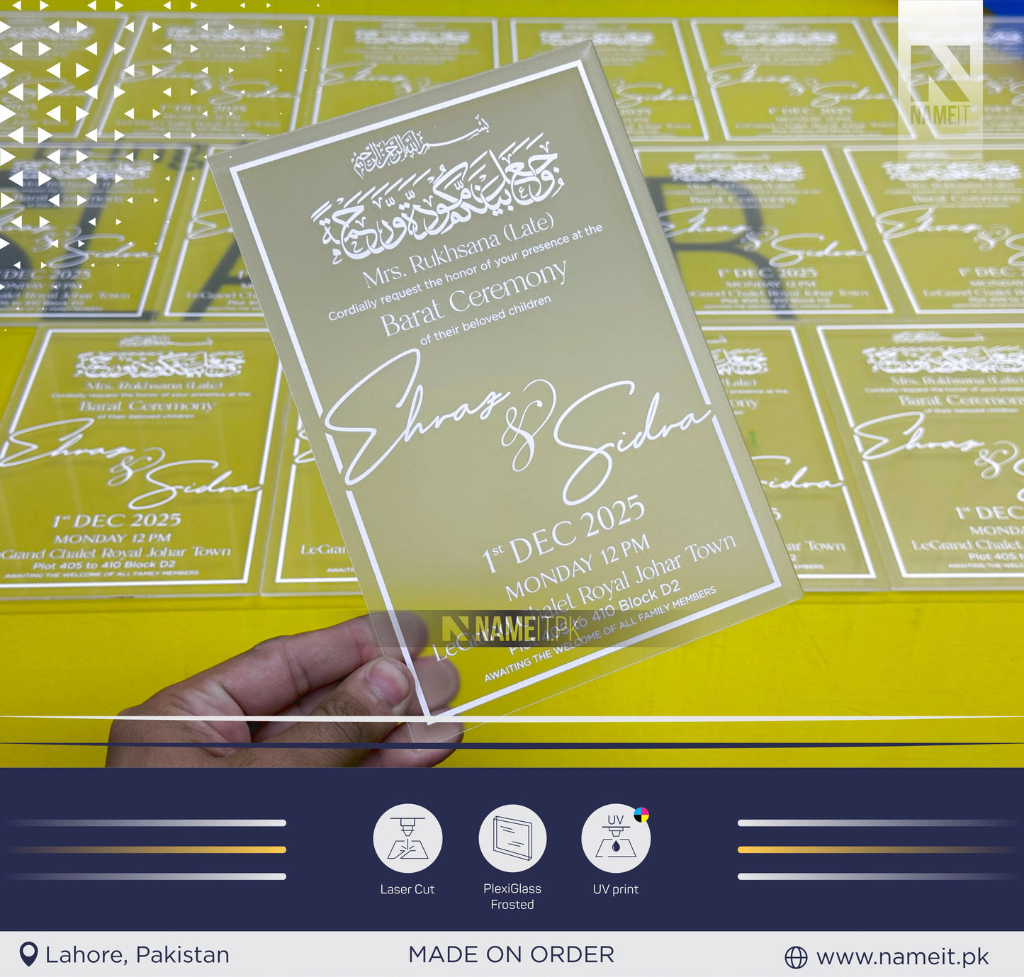 Card, Marriage Invitation Card, Custom Frosted Acrylic invitations cards, UV printing, laser cutting, custom design, wedding invites, party planning, wedding planning, decoration