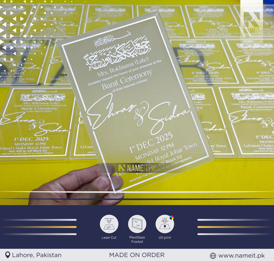 Card, Marriage Invitation Card, Custom Frosted Acrylic invitations cards, UV printing, laser cutting, custom design, wedding invites, party planning, wedding planning, decoration