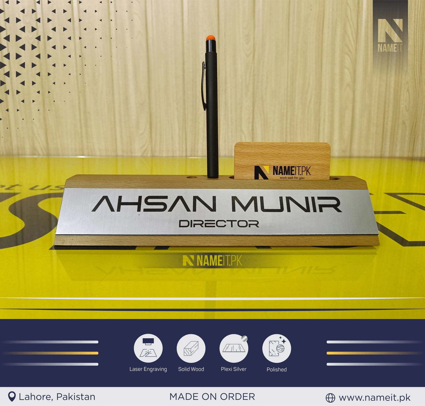 Personalized Office Desk Name Sign, Wooden Desk Name Plate, Anniversary Gift Desk Plaque, Laser Engraved Office Name Wedge, Desk Decorations, With Card,Pen Holder