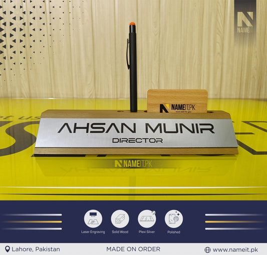 Personalized Office Desk Name Sign, Wooden Desk Name Plate, Anniversary Gift Desk Plaque, Laser Engraved Office Name Wedge, Desk Decorations, With Card,Pen Holder